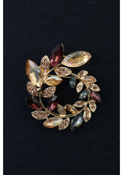 Zeytin Dalı Çelenk Broş. Gold Pırlanta Taşlı Zeytin Dallı Yaka İğnesi Çiçek Broş, Erkek Kadın Broş Gold