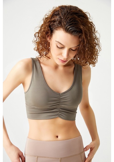 Los Ojos Haki Hafif Destekli Kaplı Önü Büzgülü Crop Top Büstiyer Low Scoop Haki