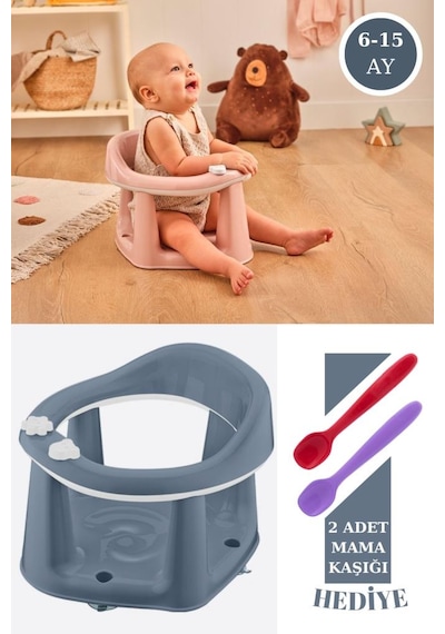 Flosoft Vakumlu Bebek Banyo & Mama Oturağı + Silicolife 2 Adet Silikon Mama Kaşığı Hediye Mavi