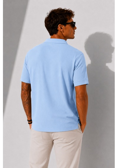 Ribana Erkek Kısa Kollu Fitilli Yarım Düğme Kapama Polo Yaka T-shirt 26001 Bebe Mavisi