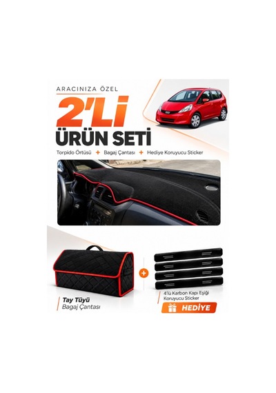 Honda Jazz 2009-2013 Uyumlu Torpido Örtüsü + Tay Tüyü Bagaj Çantası + Sticker Seti - Siyah Kırmızı