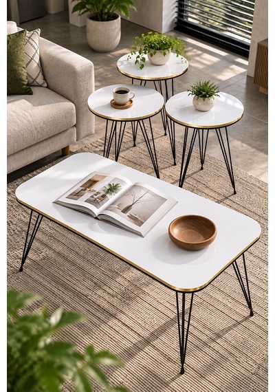 Sulorahome Siyah Tel Ayaklı Beyaz 4'lü Sehpa Seti