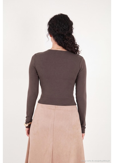 Lela Pamuklu Bisiklet Yaka Crop Bluz Kadın Bluz 5867060 Kahve