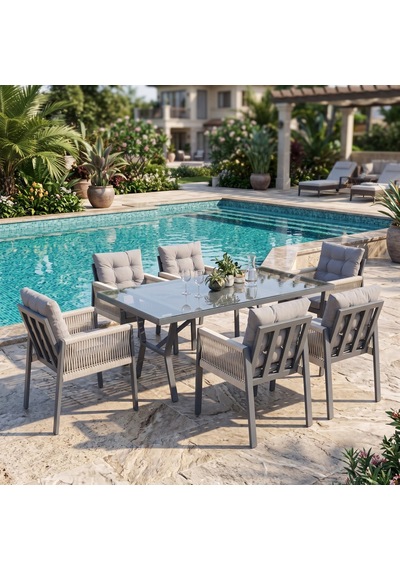 Viro Rattan Bahçe Masa Takımı 100x200 6 Kişilik Rehome Gri
