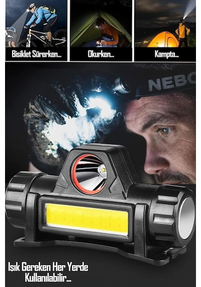 Kafa Lambası Led Şarjlı Su Geçirmez Darbeye Dayanıklı Kamp İş Kafa Feneri 6500k 4w Siyah