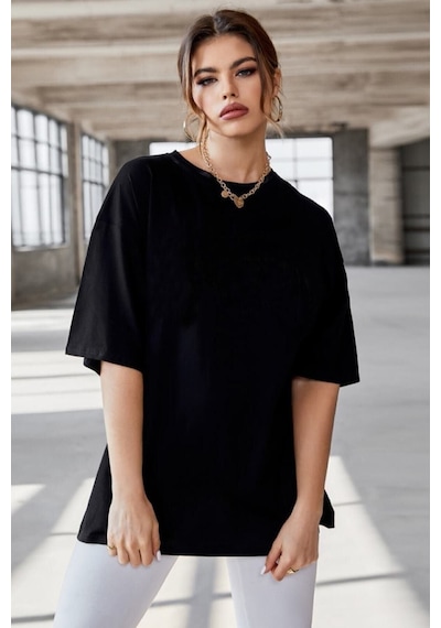 Düz Basic T-shirt - Siyah Oversize Bisiklet Yaka Kısa Kol Tişört Siyah