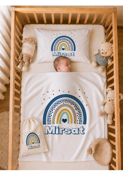 Pia Baby İsme Özel %100 Pamuk Erkek Bebek Yastık Battaniyeli Tulum Set Kese Hediyeli 1091tybk0x Krem