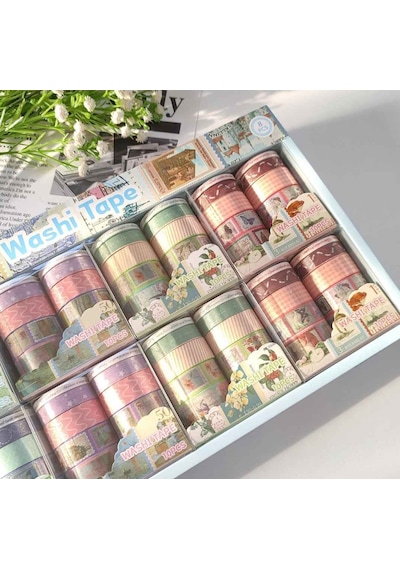 Vintage Washi Tape Bant Baskılı Yapışkanlı Maskeleme Kağıdı Desenli Bant 10'lu - Mor Pul Mektup 1