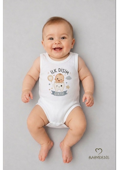 Babyden's İlk Dişim Çıktı Baskılı Kolsuz Bebek Body %100 Pamuk Unisex Diş Buğdayı Konsept Çıtçıtlı Zıbın Beyaz
