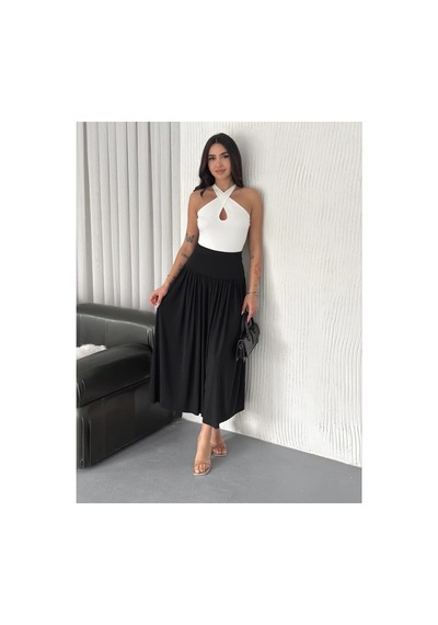 Sandy Uzun Beli Lastikli Yüksel Bel Etek Yazlık - Siyah