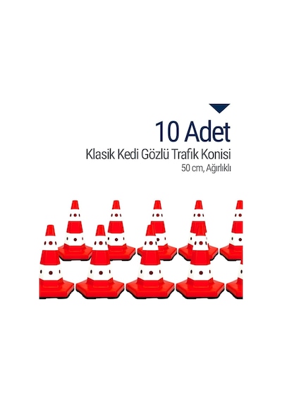 10 Adet Klasik Kedi Gözlü Trafik Konisi 50 Cm Trafik Dubası