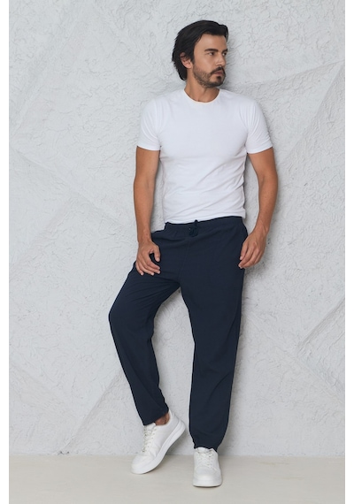 Blayn Jeans Erkek Haki Jogger Pantolon Beli Lastikli Bağcıklı %100 Pamuk Keten Baggy Rahat Günlük Pantolon lacivert
