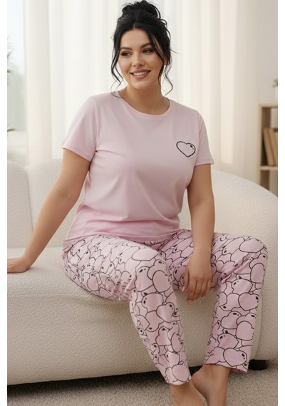 Siyah İnci Desenli Pamuklu Büyük Beden Battal Boy Örme Pijama Takım 26113865 Pembe