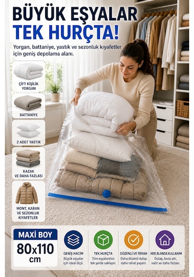 Maxi Boy Vakumlu Hurç 80x110 Cm 1 Adet Çift Kilitli Vakum Poşeti Yorgan Battaniye Saklama Çuvalı Şeffaf