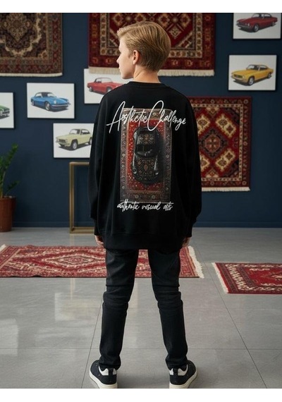 Zekids Erkek Çocuk Sırtı Araba Baskılı Tasarım Sweatshirt-16619 Siyah