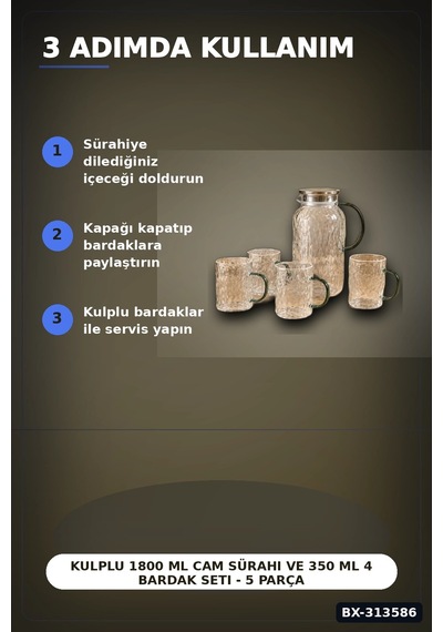 Kulplu 1800 Ml Cam Sürahi Ve 350 Ml 4 Bardak Seti - 5 Parça Şeffaf Bx-313586
