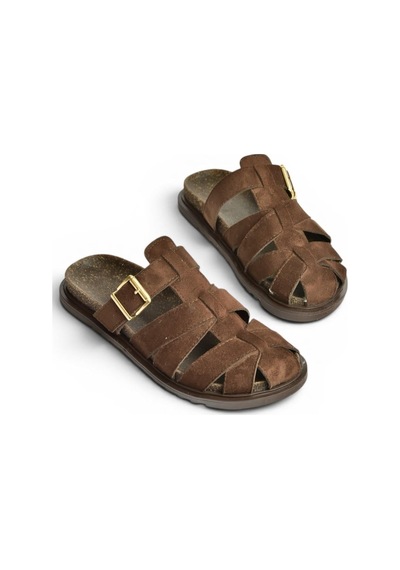 Fox Shoes Y596549502 Kahverengi Süet Tokalı Önü Kapalı Kadın Terlik