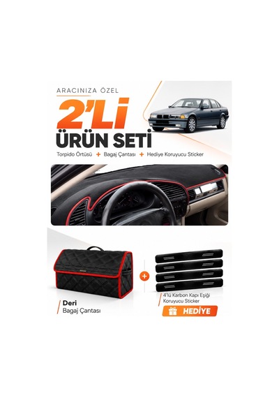 Bmw E36 1990-2000 Uyumlu Torpido Örtüsü + Deri Bagaj Çantası + Sticker Seti - Siyah Kırmızı