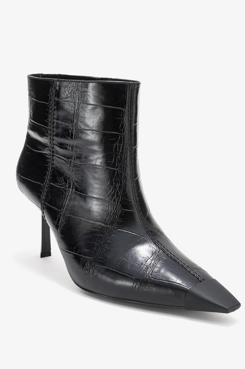 Luvishoes Luvi Shoes Rassel Siyah Baskı Mat Burunlu Kadın İnce Topuklu Bot Siyah Kroko