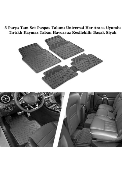 5 Parça Tam Set Paspas Takımı Üniversal Her Araca Uyumlu Tırtıklı Kaymaz Taban Kesilebilir Eko Başak Siyah 1 Adet
