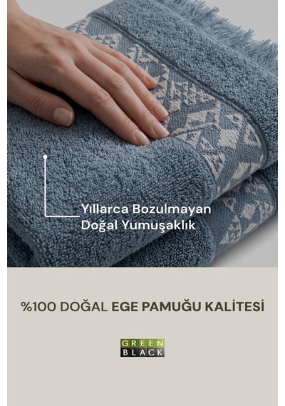 Hereke Heritage Serisi 3 Lü Havlu Seti Krem Bordürlü Koyu Mavi, %100 Ege Pamuğu, Jakarlı Dokuma, 3 Parça Havlu Seti