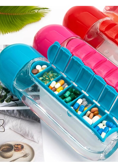 Lexroo Kutulu Su Matarası, Pillbox Kutusu Su Şişesi, Hazneli Su Şişesi Çok Renkli