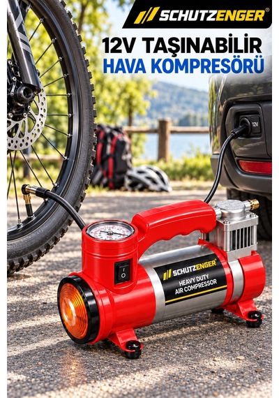 12v Araç Çakmak Girişli Taşınabilir Hava Kompresörü 150 Psı Göstergeli Ve Işıklı Lastik Şişirme Pompası Kırmızı