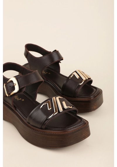 Gondol Hakiki Deri Platform Taban Sandalet Pkr.2401 Kahverengi