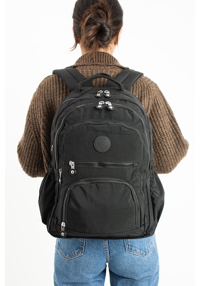 Özer -3013 Sanmorris Unisex Suya Dayanıklı Krinkıl Kumaş Çok Gözlü Orta Boy Laptop Okul Ve Sırt Çantası Siyah