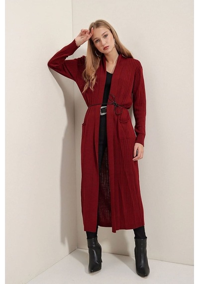 Onno Style Women Standart Beden Uzun Triko Fitilli Kadın Ceket Bordo