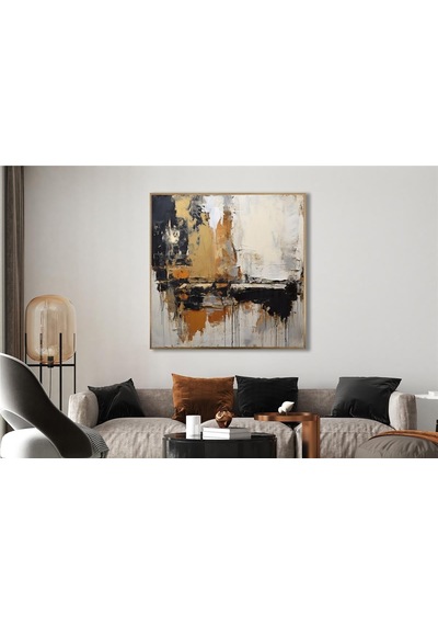 Yağlı Boya Dokulu Tablo Kahve Siyah Beyaz Soyut Altın Çerçeveli U08070-179077
