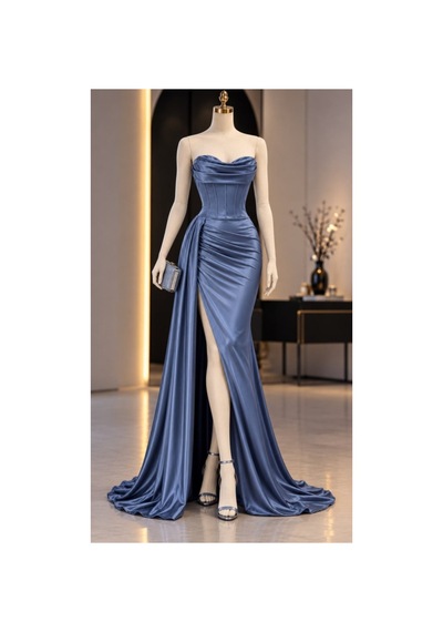 Butik İstanbul Kadın Yırtmaçlı Uzun Saten Elbise B. İndigo