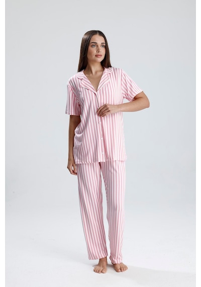 Kompedan Çizgili Önden Düğmeli Kadın Pijama Takımı -  Pembe