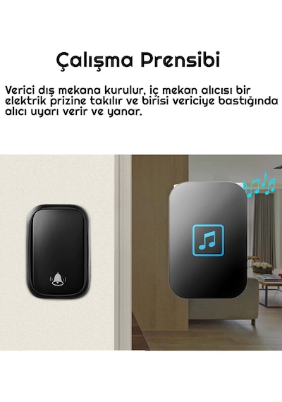 Kablosuz Pilsiz Kapı Zili 60 Melodili 150 Metre Menzilli Ip44 Suya Dayanıklı Priz Tipi Siyah