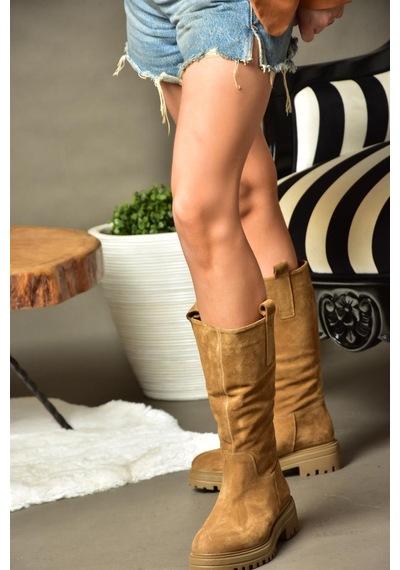 Fox Shoes R555267002 Taba Hakiki Deri Süet Kadın Çizme Taba