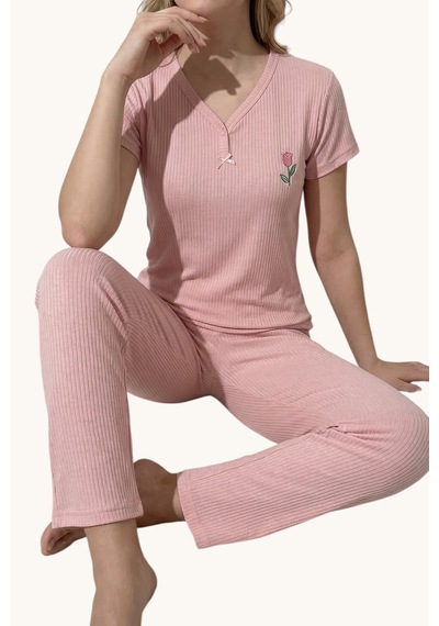 V Yaka Fiyonk Detaylı Yarım Kollu Kadın Pijama Takımı PEMBE
