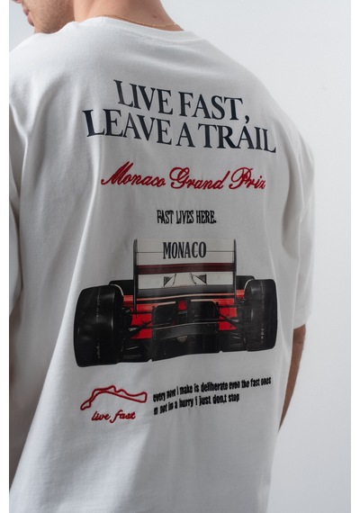 Respire Erkek Live Fast Baskılı Oversize T-shirt Ekru