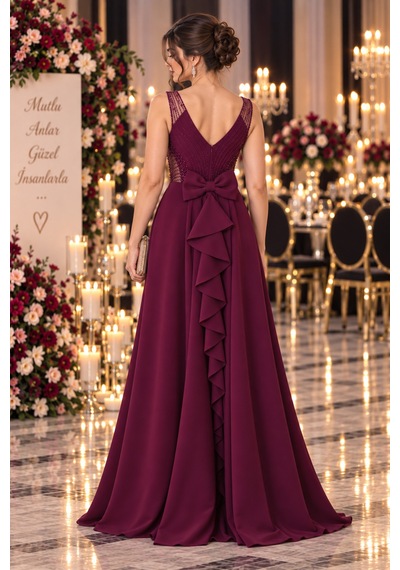 Gül&can Butik Mürdüm Rengi Fiyonklu Abiye Elbise Bordo