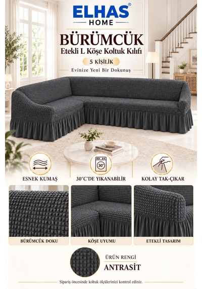 Bürümcük Kumaş 5 Kişilik Etekli L Köşe Koltuk Kılıfı Antrasit - 934819522 Antrasit