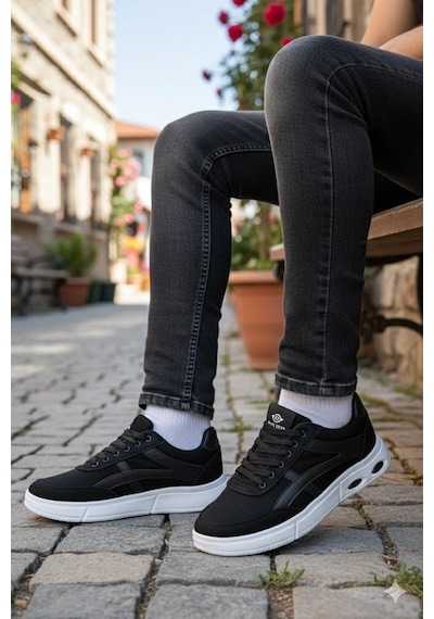 Fort 2308 Dks Keten Rahat Hafif Sneaker Erkek Ayakkabı Siyah - Beyaz