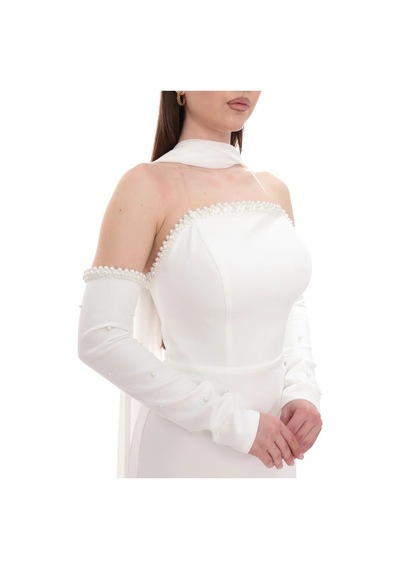 Berneva Beyaz İnci Detaylı Choker Yakalı Eldiven Kollu Abiye