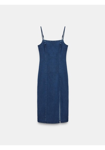 Dilvin 90584 Denim Yırtmaçlı Elbise-mavi-15321