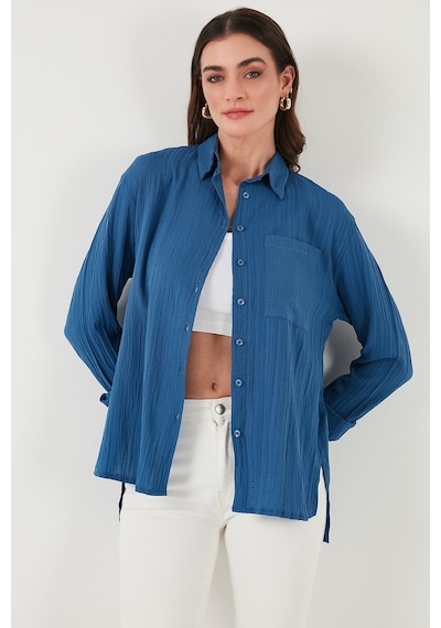 Lela Regular Fit Tek Cepli Önü Kısa Arkası Uzun Krinkıl Bayan Gömlek 6772752 Indigo