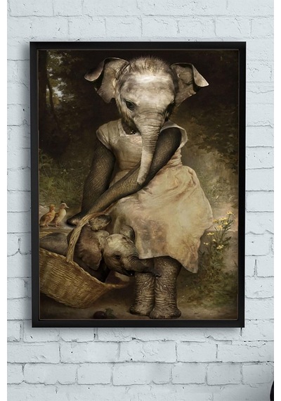 Anne Fil Ve Yavrusu Sanatsal Çerçeveli Tablo 40x50cm