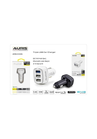 Auris 5.4A Araç Şarj Başlığı 3 Usb Girişli Qualcomm 3.0 Ars-Cr05