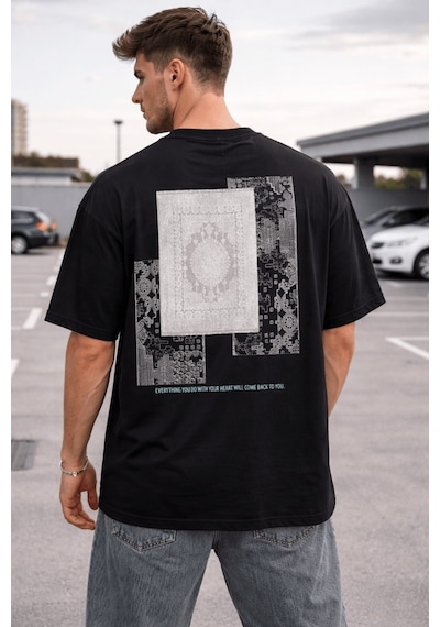 Oversize Erkek Tişört Baskılı Pamuklu Rahat Kesim Streetwear Yazlık Basic T-shirt Siyah