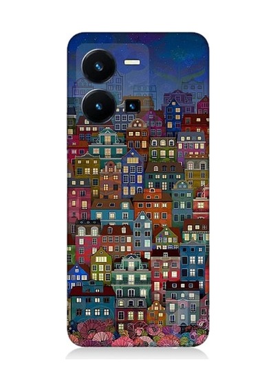 Vivo Y35 Uyumlu Minyatür Evler Ve Gece Desenli Silikon Kılıf