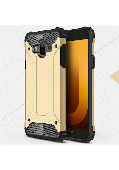 Noktaks - Galaxy Uyumlu J7 Duo Uyumlu - Kılıf Çift Katman Zırh Tank Crash Military Kapak - Gold - T5277 Gold