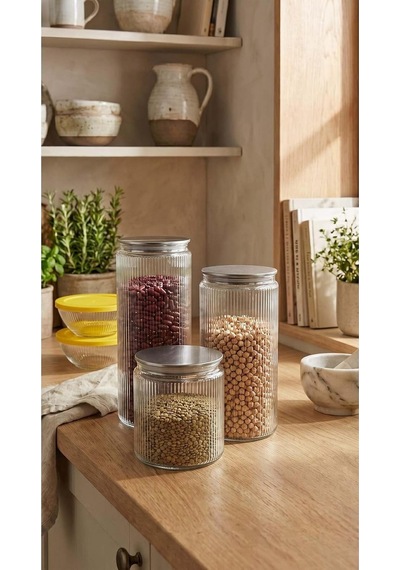 Fitilli Cam Saklama Kabı Seti, 1000 Ml 1500 Ml 2000 Ml, Metal Vakum Kapaklı, 3'lü Set