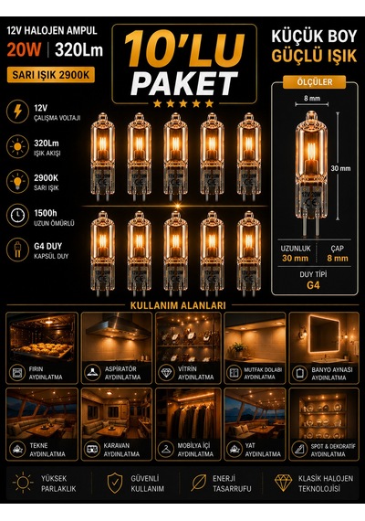10 Adet Osaka 12volt 20w Sarı Işık G4 Duylu Dim Edilebilir Halojen Kapsül Ampul
